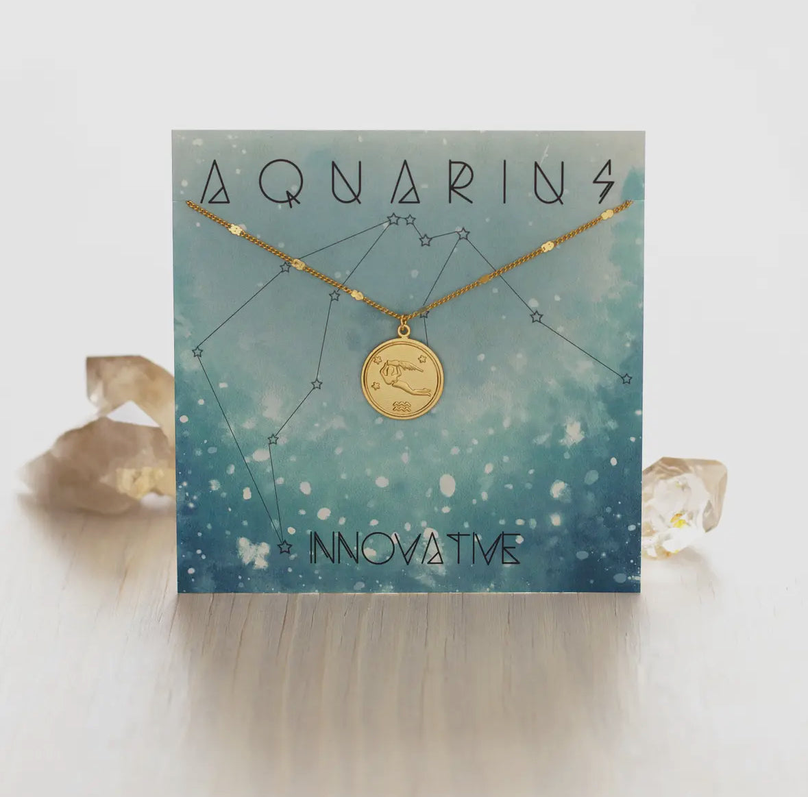 Aquarius Zodiac Medallion Necklace Pale Gold