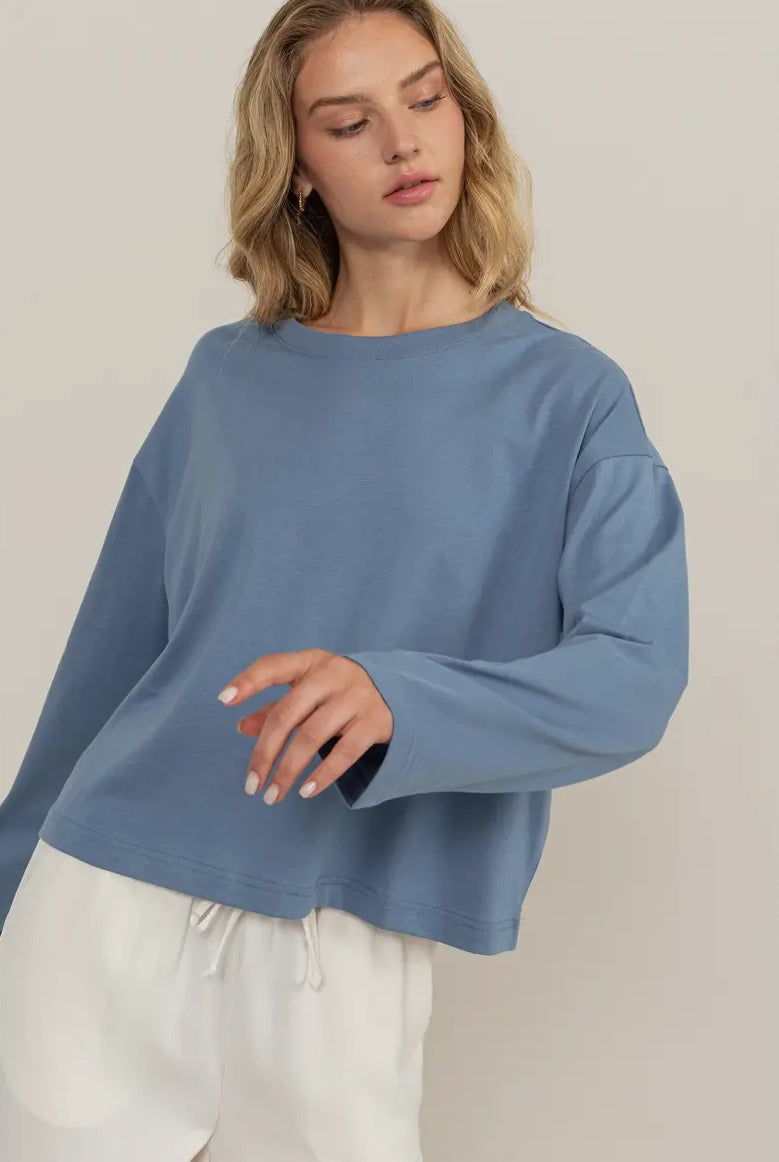 Dani Wide Long Sleeve Tee in Gray Blue