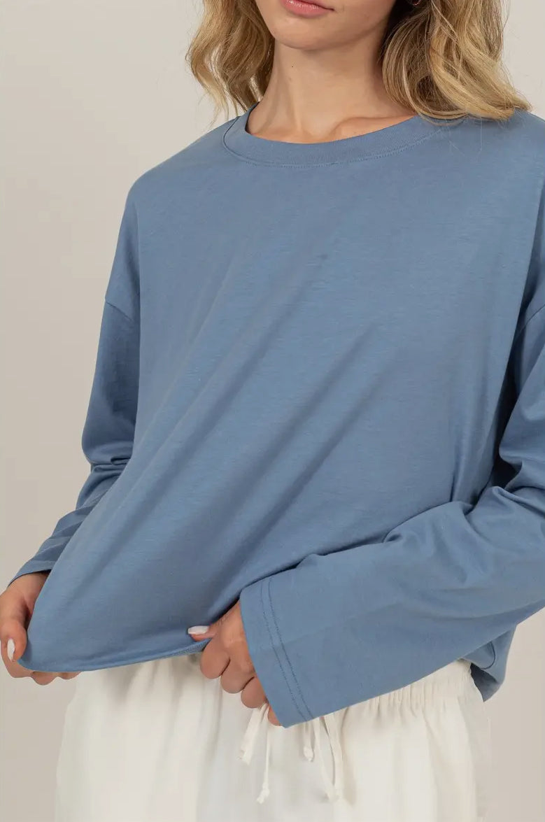 Dani Wide Long Sleeve Tee in Gray Blue