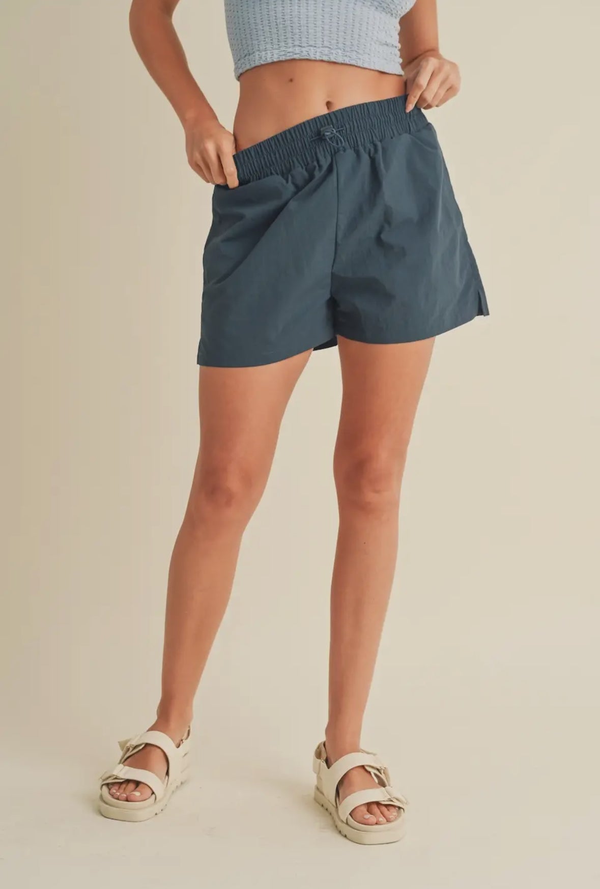 Blue High-Waisted Drawstring Shorts