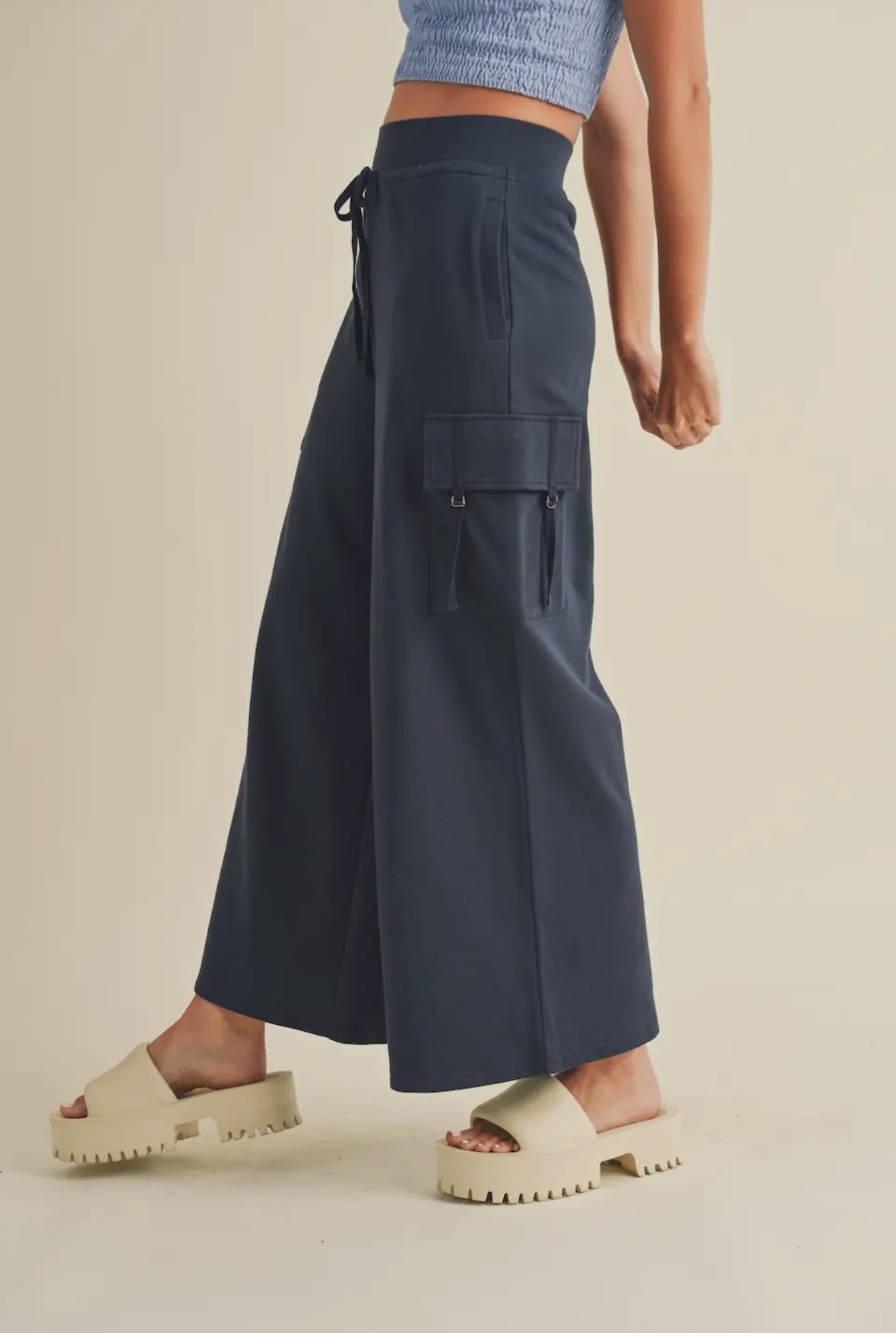 Navy Wide Leg Cargo Pants