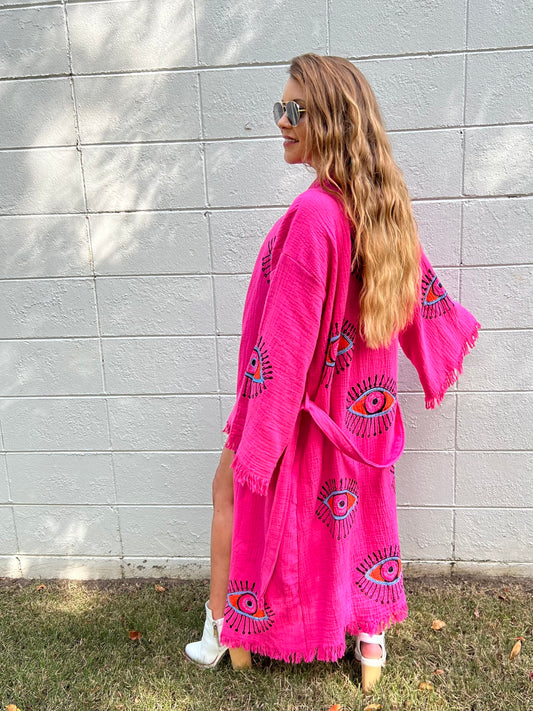 Evil Eye Kimono - Hot Pink