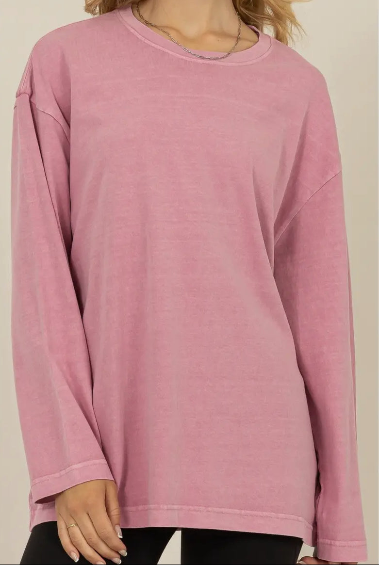 Dua Oversized Crew Neck Long Sleeve Tee in Rose Pink