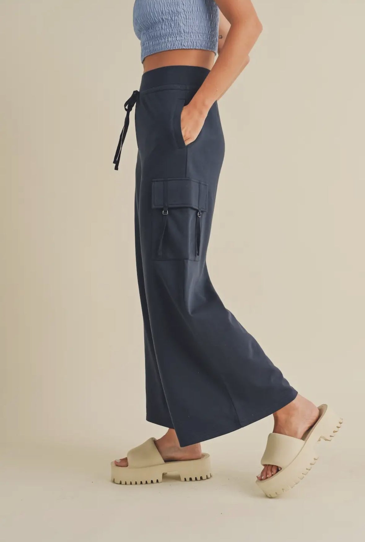 Navy Wide Leg Cargo Pants