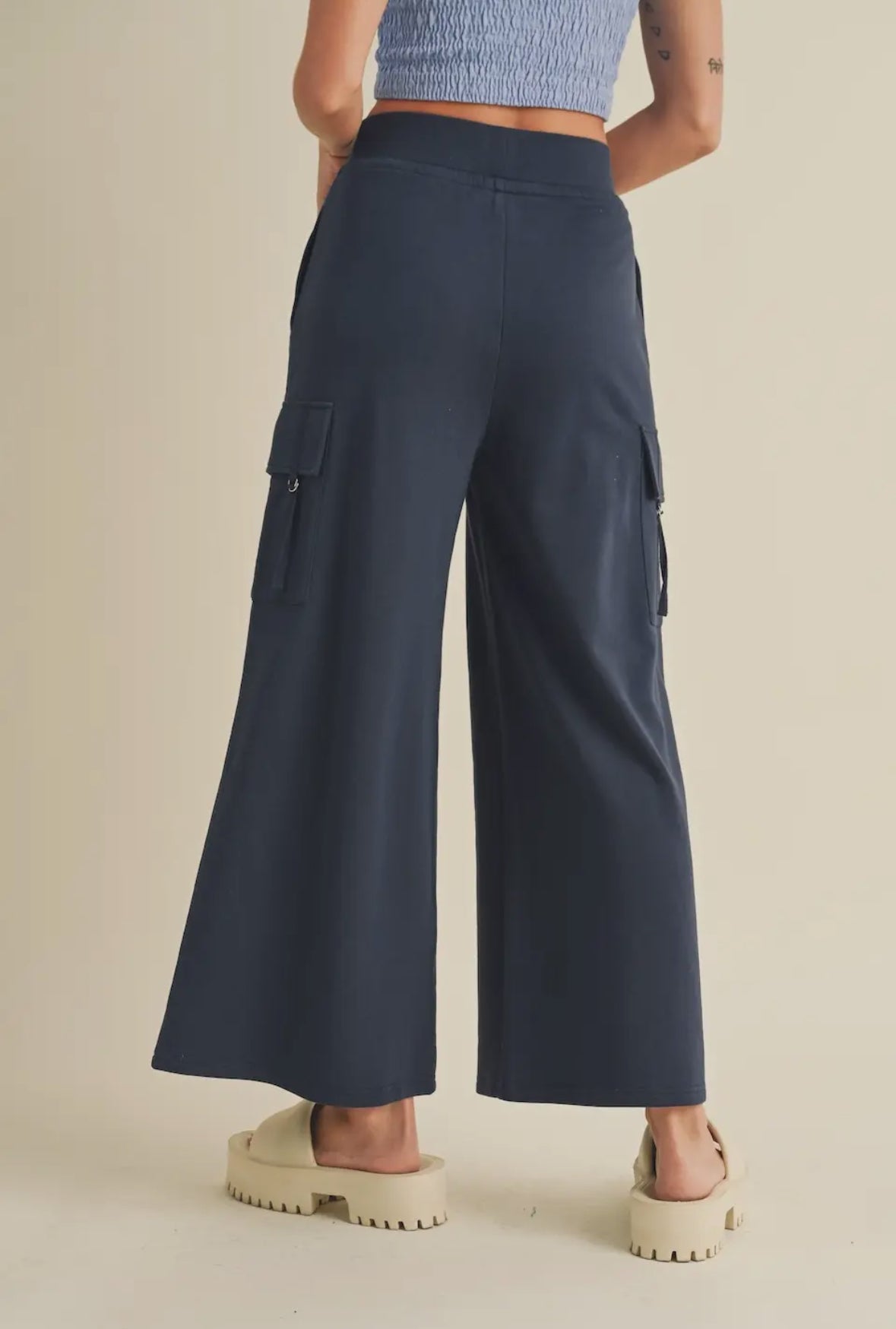 Navy Wide Leg Cargo Pants