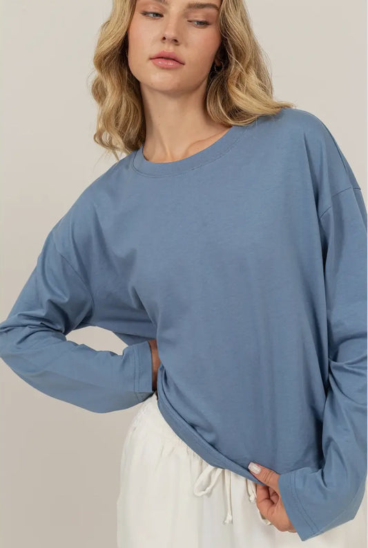 Dani Wide Long Sleeve Tee in Gray Blue