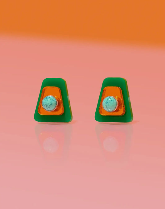 Green + Copper Deco Stud Earrings